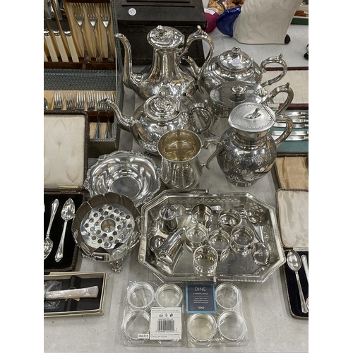 226 - A LARGE QUANTITY OF SILVER PLATE TO INCLUDE TEAPOTS, JUGS, NAPKIN RINGS, CASED FLATWARE, ETC