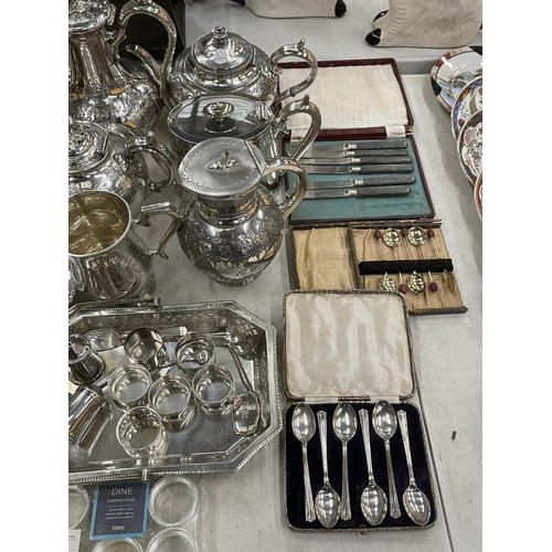 226 - A LARGE QUANTITY OF SILVER PLATE TO INCLUDE TEAPOTS, JUGS, NAPKIN RINGS, CASED FLATWARE, ETC