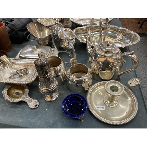 267 - A COLLECTIION OF SILVER PLATE TO INCLUDE BUTTER DISH, TEAPOT, CANDLESTICK, SERVING PLATES, ETC.,