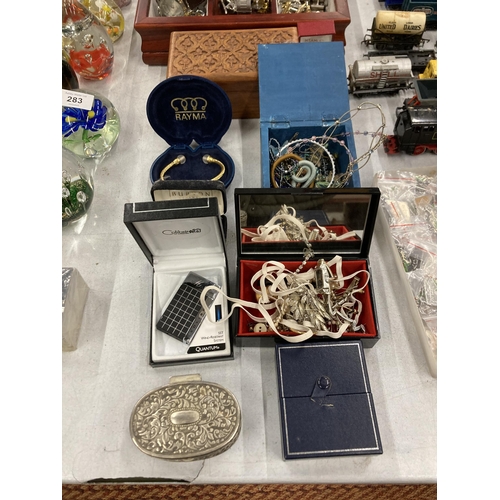 282 - A MIXED LOT TO INCLUDE JEWELLERY BOXES, WATCHES, CUFFLINKS, COLIBRI LIGHTER IN BOX, ETC.,