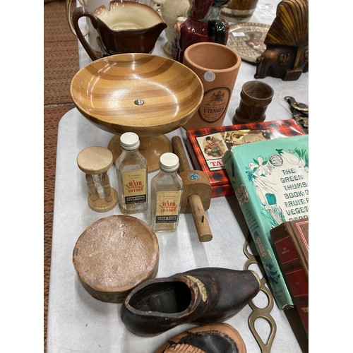 291 - A MIXED LOT OF ITEMS TO INCLUDE VINTAGE BRASSES, TERRACOTTA UTENSILS JAR, BOOKS, TREEN, ETC.,