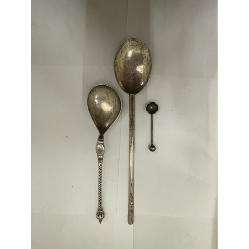 33 - THREE EARLY SPOONS TO INCLUDE A HALLMARKED LONDON SILVER MUSTARD, PLUS TWO POSSIBLY SILVER CONTINENT... 