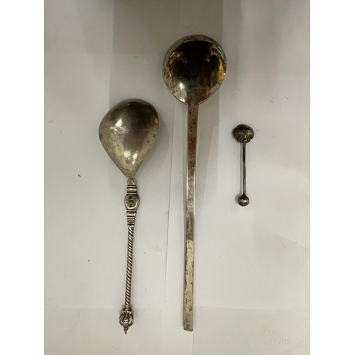 33 - THREE EARLY SPOONS TO INCLUDE A HALLMARKED LONDON SILVER MUSTARD, PLUS TWO POSSIBLY SILVER CONTINENT... 