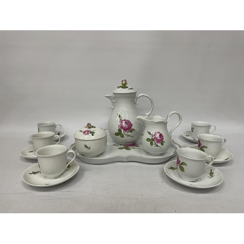 34 - A 19TH CENTURY MEISSEN 'PINK ROSE' TEASET TO INCLUDE A TEAPOT WITH ROSE FINIAL, A TRAY, LIDDED SUGAR... 