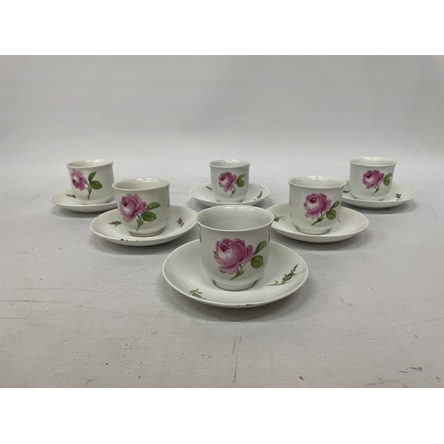 34 - A 19TH CENTURY MEISSEN 'PINK ROSE' TEASET TO INCLUDE A TEAPOT WITH ROSE FINIAL, A TRAY, LIDDED SUGAR... 