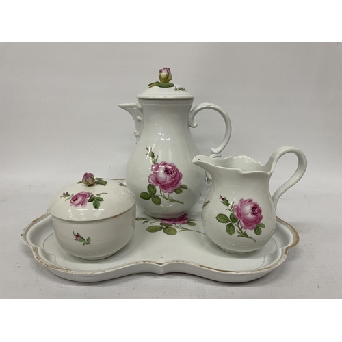 34 - A 19TH CENTURY MEISSEN 'PINK ROSE' TEASET TO INCLUDE A TEAPOT WITH ROSE FINIAL, A TRAY, LIDDED SUGAR... 