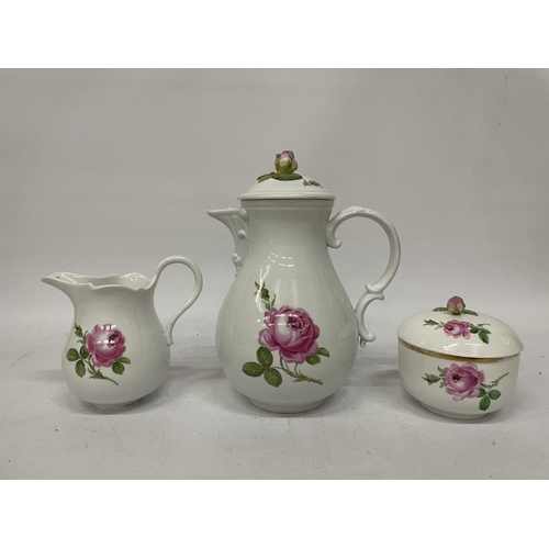 34 - A 19TH CENTURY MEISSEN 'PINK ROSE' TEASET TO INCLUDE A TEAPOT WITH ROSE FINIAL, A TRAY, LIDDED SUGAR... 