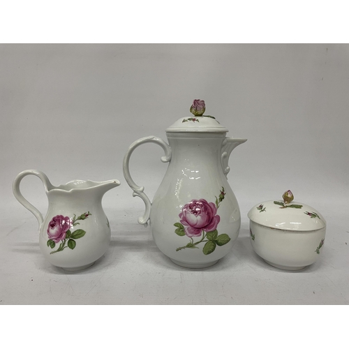 34 - A 19TH CENTURY MEISSEN 'PINK ROSE' TEASET TO INCLUDE A TEAPOT WITH ROSE FINIAL, A TRAY, LIDDED SUGAR... 