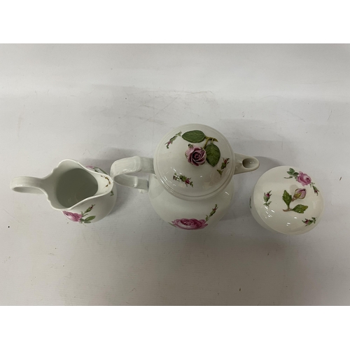 34 - A 19TH CENTURY MEISSEN 'PINK ROSE' TEASET TO INCLUDE A TEAPOT WITH ROSE FINIAL, A TRAY, LIDDED SUGAR... 