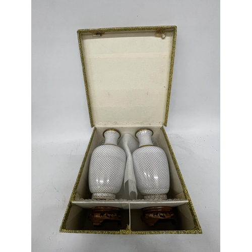 358 - A BOXED PAIR OF CHINESE HAND MADE CLOISONNE WARE VASES - WHITE MONOCHROME FISHSCALE ON COPPER ON WOO... 