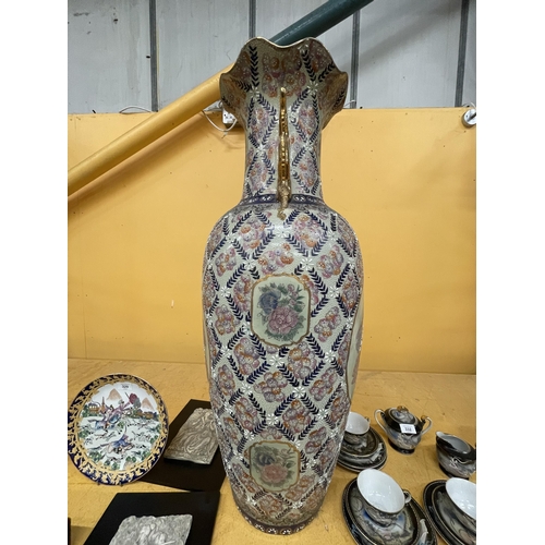 362 - A LARGE CHINESE CANTON FAMILLE ROSE BALUSTER VASE HANDPAINTED WITH DRAGON HANDLES - 94 CM