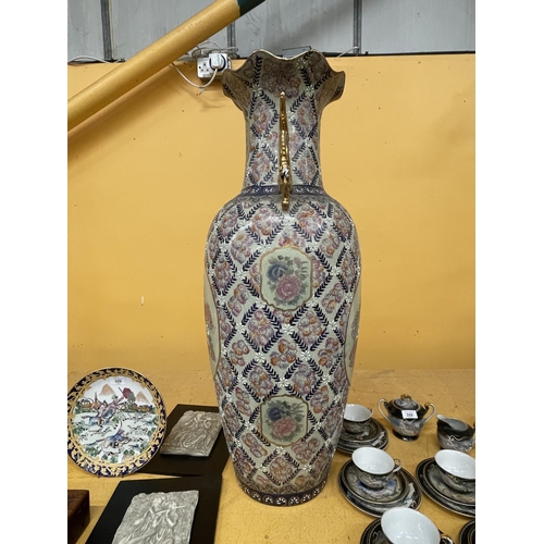 362 - A LARGE CHINESE CANTON FAMILLE ROSE BALUSTER VASE HANDPAINTED WITH DRAGON HANDLES - 94 CM