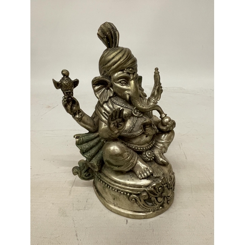 366 - A HEAVY WHITE METAL FIGURE OF GANESH LOTUS ELEPHANT GOD OF WEALTH - 18 CM