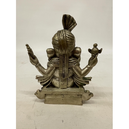 366 - A HEAVY WHITE METAL FIGURE OF GANESH LOTUS ELEPHANT GOD OF WEALTH - 18 CM