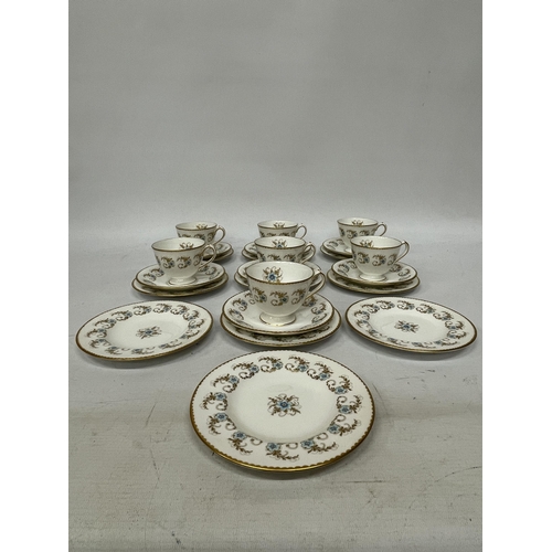 44 - A ROYAL CROWN DERBY 'BLUE PIMPERNEL' TEASET TO INCLUDE A CAKE PLATE, CREAM JUG, SUGAR BOWL, CUPS, SA... 