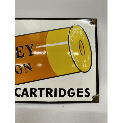 49 - AN ENAMEL SIGN, 'PURDEY LONDON CARTRIDGES', 37CM X 21CM