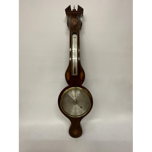 62 - AN EARLY 20TH CENTURY INLAID BAROMETER WITH THERMOMETER, HEIGHT 96CM