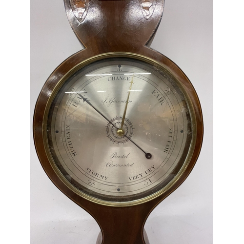 62 - AN EARLY 20TH CENTURY INLAID BAROMETER WITH THERMOMETER, HEIGHT 96CM