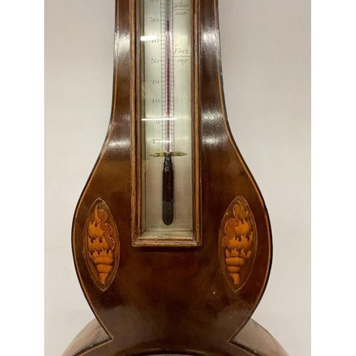 62 - AN EARLY 20TH CENTURY INLAID BAROMETER WITH THERMOMETER, HEIGHT 96CM