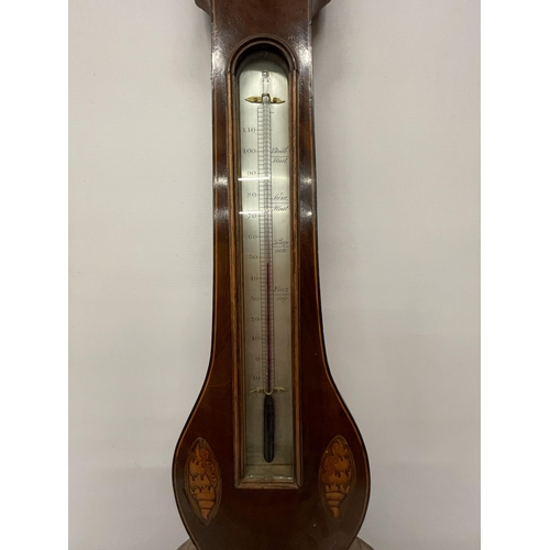 62 - AN EARLY 20TH CENTURY INLAID BAROMETER WITH THERMOMETER, HEIGHT 96CM