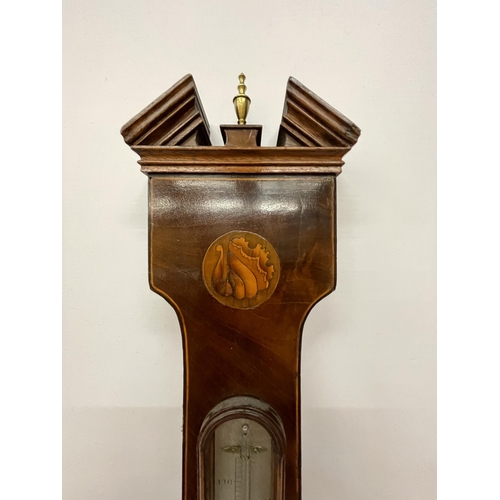 62 - AN EARLY 20TH CENTURY INLAID BAROMETER WITH THERMOMETER, HEIGHT 96CM