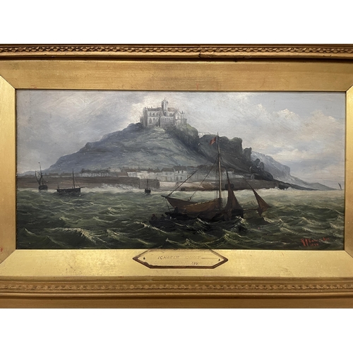 69 - AN OIL ON BOARD OF ST MICHAEL'S MOUNT SIGNED R H EARWICKER 1894 IN AN ORNATE GILT FRAME