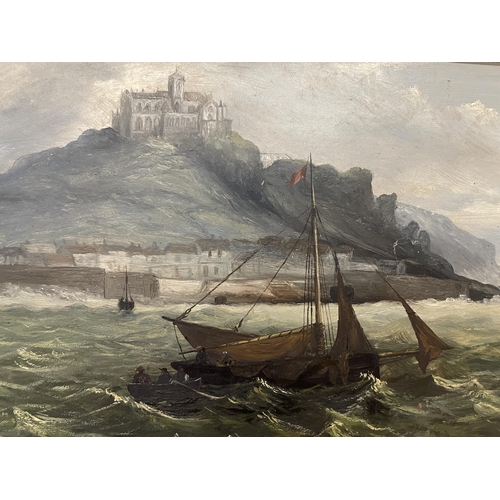 69 - AN OIL ON BOARD OF ST MICHAEL'S MOUNT SIGNED R H EARWICKER 1894 IN AN ORNATE GILT FRAME