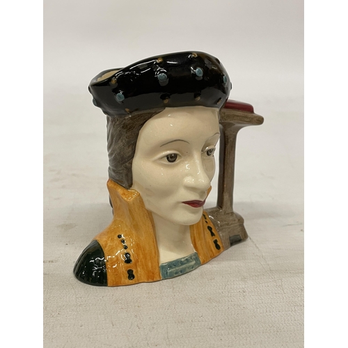 753 - A ROYAL DOULTON CHARACTER JUG THE HUNTSMAN TOGETHER WITH TWO SMALL CHARACTER JUGS - CATHERINE PARR A... 