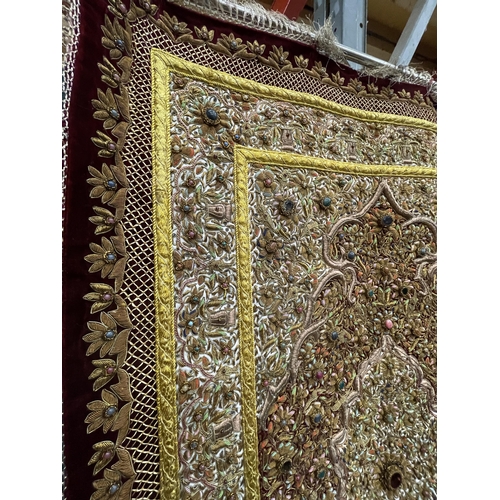 99 - A HEAVILY EMBROIDERED AND BEADED SATIN BACKED WALL HANGING, EMBELLISHED WITH SEMI PRECIOUS STONES 95... 