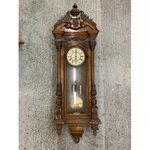 10A - A LATE 19TH CENTURY WALNUT CASED VIENNA WALL CLOCK, WITH TWIN WEIGHTS AND PENDULUM, 20CM DIAL, HEIGH... 