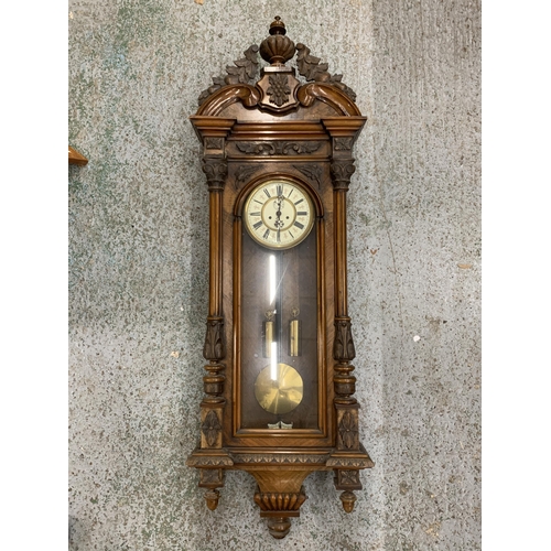 10A - A LATE 19TH CENTURY WALNUT CASED VIENNA WALL CLOCK, WITH TWIN WEIGHTS AND PENDULUM, 20CM DIAL, HEIGH... 