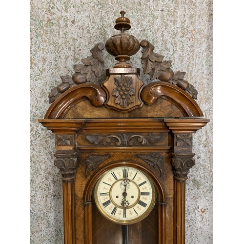 10A - A LATE 19TH CENTURY WALNUT CASED VIENNA WALL CLOCK, WITH TWIN WEIGHTS AND PENDULUM, 20CM DIAL, HEIGH... 