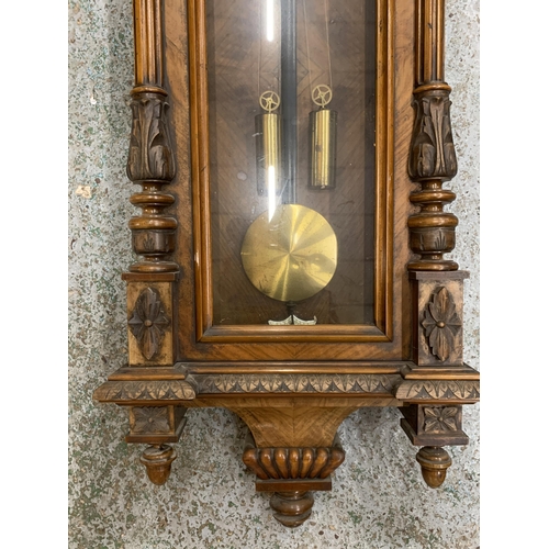 10A - A LATE 19TH CENTURY WALNUT CASED VIENNA WALL CLOCK, WITH TWIN WEIGHTS AND PENDULUM, 20CM DIAL, HEIGH... 