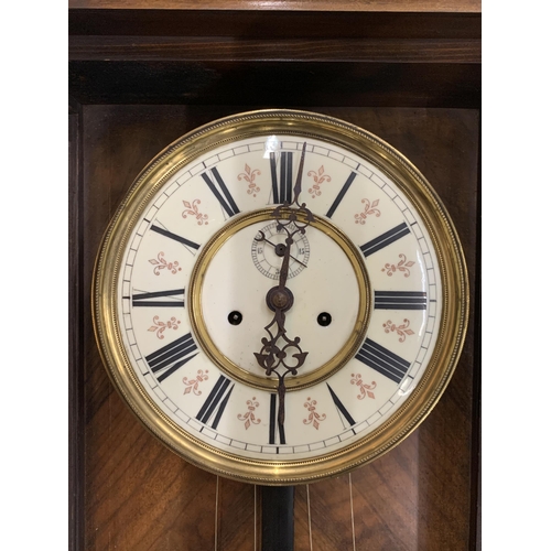 10A - A LATE 19TH CENTURY WALNUT CASED VIENNA WALL CLOCK, WITH TWIN WEIGHTS AND PENDULUM, 20CM DIAL, HEIGH... 