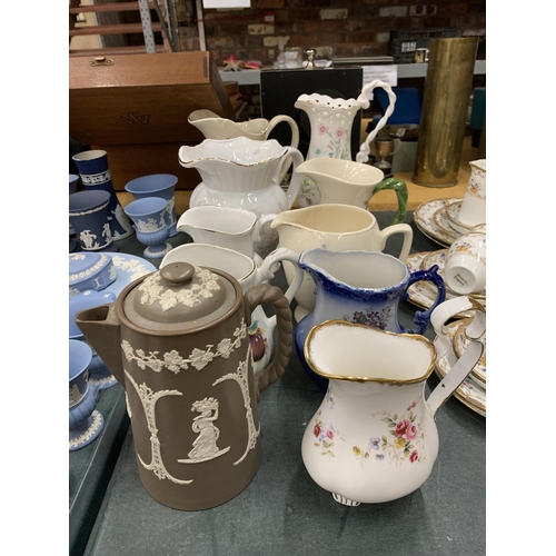 436 - TEN MIXED JUGS TO INCLUDE A ROYAL ALBERT 'TENDERNESS' AND AN AYNSLEY EXAMPLE