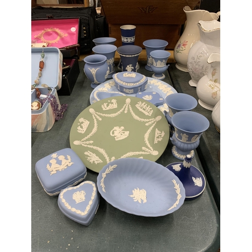 437 - EIGHTEEN PIECES OF DARK BLUE, SAGE GREEN, POWDER BLUE WEDGWOOD JASPERWARE