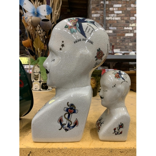 447 - TWO DECORATIVE PHRENOLOGY HEADS APPROX 28CM AND 15CM HEIGHT