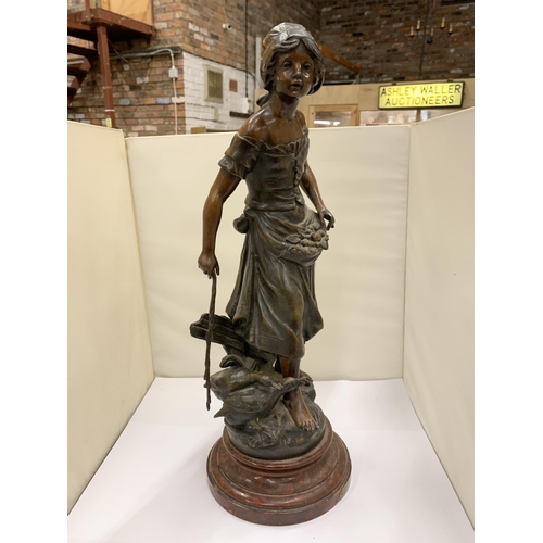 450 - A BRONZE STYLE SPELTER FIGURINE OF A LADY WITH GEESE, HEIGHT 47CM