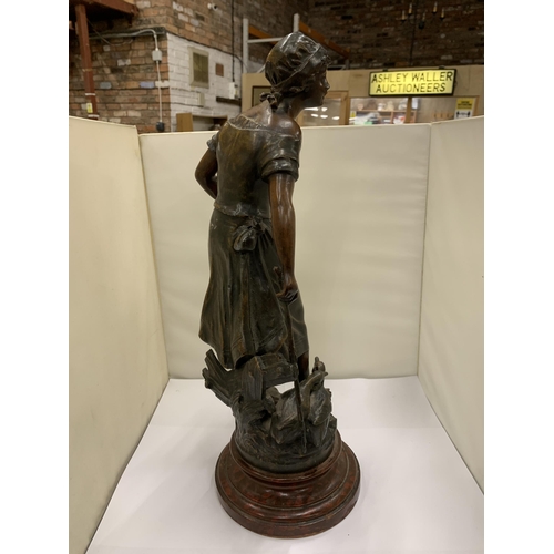 450 - A BRONZE STYLE SPELTER FIGURINE OF A LADY WITH GEESE, HEIGHT 47CM