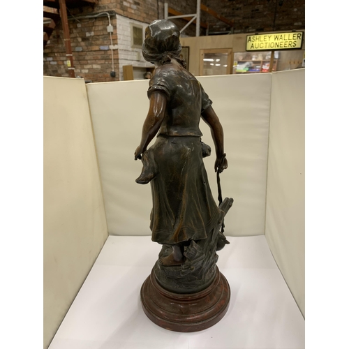 450 - A BRONZE STYLE SPELTER FIGURINE OF A LADY WITH GEESE, HEIGHT 47CM