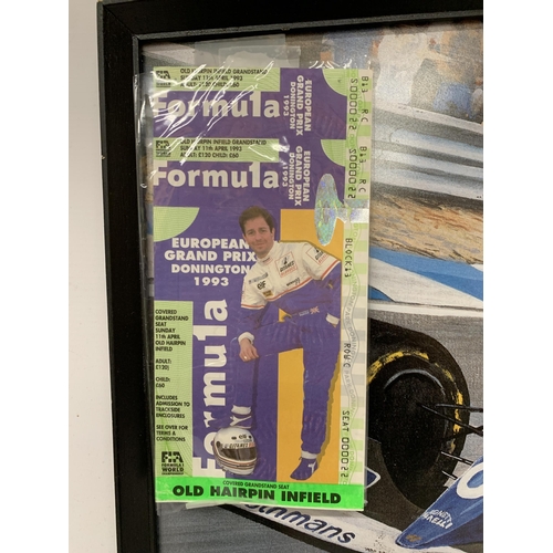 467 - A FRAMED DAMON HILL POSTER PLUS A RACE DAY TICKET