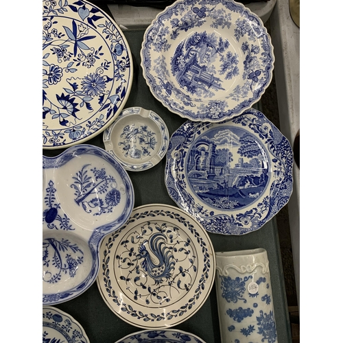 468 - A COLLECTION OF BLUE AND WHITE CERAMIC SERVING DISHES, PLATES AND BOWLS TO INCLUDE A COPELAND SPODE,... 