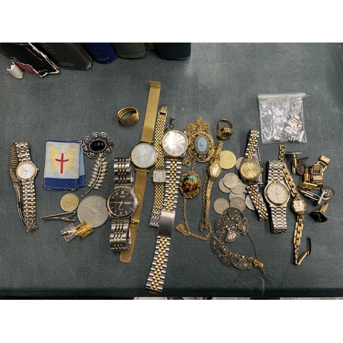 472 - A QUANTITY OF WRISTWATCHES, COSTUME JEWELLERY, COINS, ETC