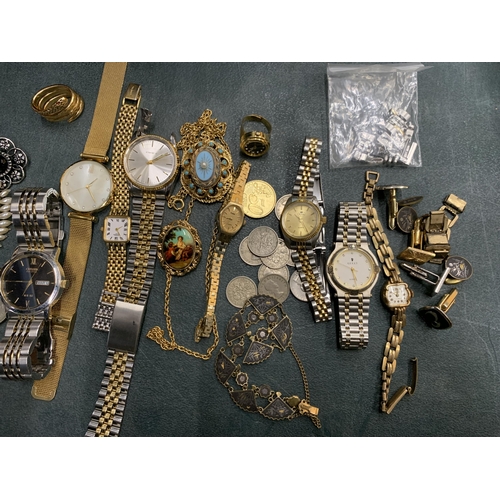 472 - A QUANTITY OF WRISTWATCHES, COSTUME JEWELLERY, COINS, ETC