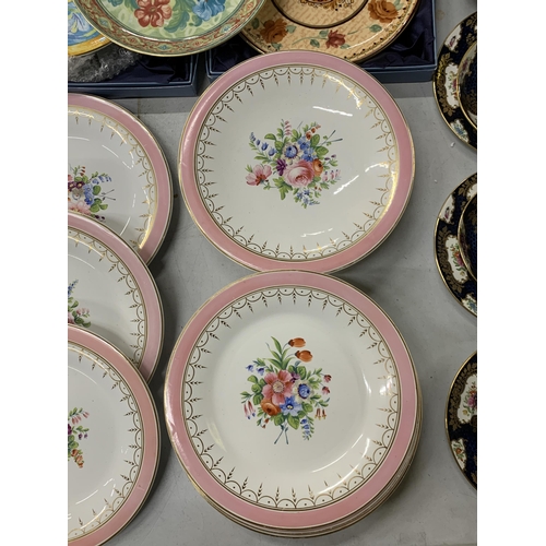 804 - TEN ANTIQUE HANDPAINTED PLATES AND A CAKE STAND PLUS THREE WEDGWOOD 'CROWSON FABRICS' CABINET PLATES... 