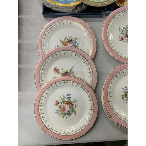 804 - TEN ANTIQUE HANDPAINTED PLATES AND A CAKE STAND PLUS THREE WEDGWOOD 'CROWSON FABRICS' CABINET PLATES... 