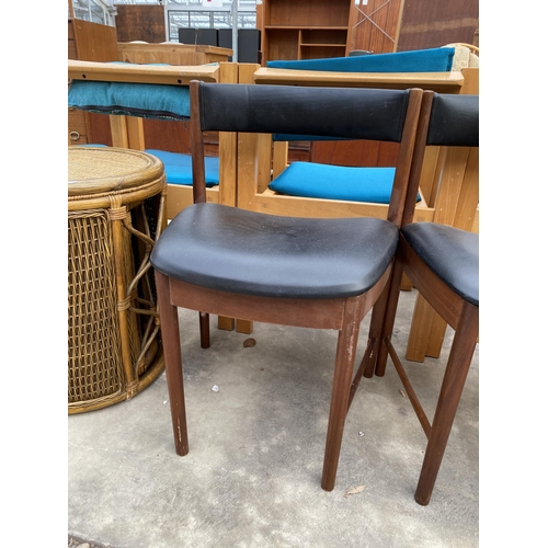 3034 - A PAIR OF RETRO TEAK AND BLACK FAUX LEATHER DINING CHAIRS (ONE A/F)