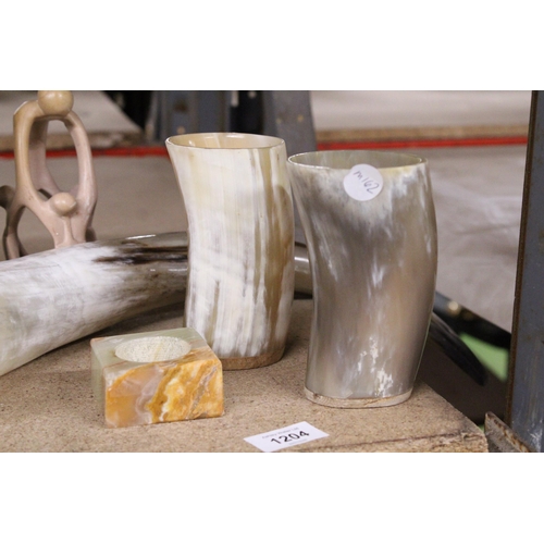 1006 - TWO NORSE VIKING DRINKING HORNS TOGETHER WITH A MUG, ETC., CARVED SOAPSTONE TEA LIGHT CANDLE HOLDER,... 