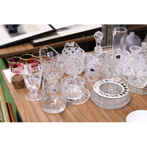 1014 - A LARGE QUANTITY OF GLASSWARE TO INCLUDE FIGURES, DRESSING TABLE TRAY, TRINKETS, ETC., TOGETHER WITH... 