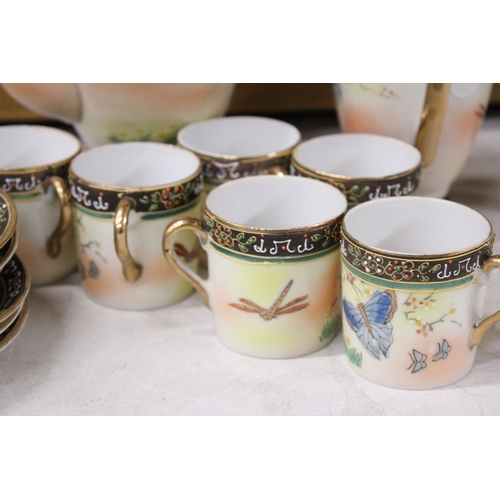 369 - A JAPANESE HAND PAINTED PORCELAIN 15 PIECE COFFEE SET WITH BUTTERFLY AND DRAGONFLY MOTIF